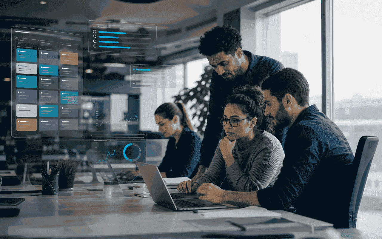 Equipe técnica colaborando em projeto de software com painéis de acompanhamento.